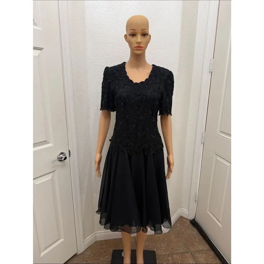 Lawrence Kazar New York Black Beaded Lace Sheer Midi Dress Scalloped Neckline